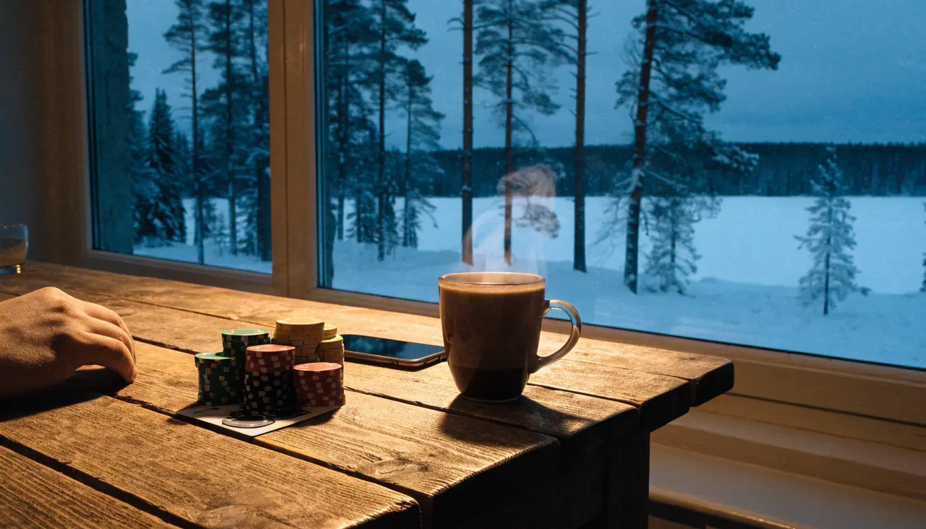 Lämmin pohjoismainen sisustus, kasinon pelimerkkejä ja kortti puisella pöydällä