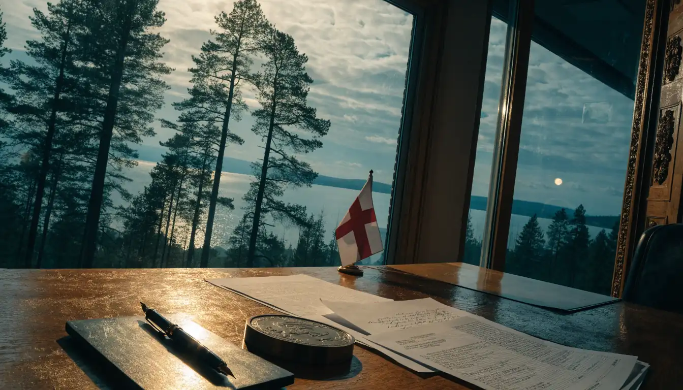 Suomalaisen viranomaisen työhuone, jossa asiakirjoja ja siniristilippu