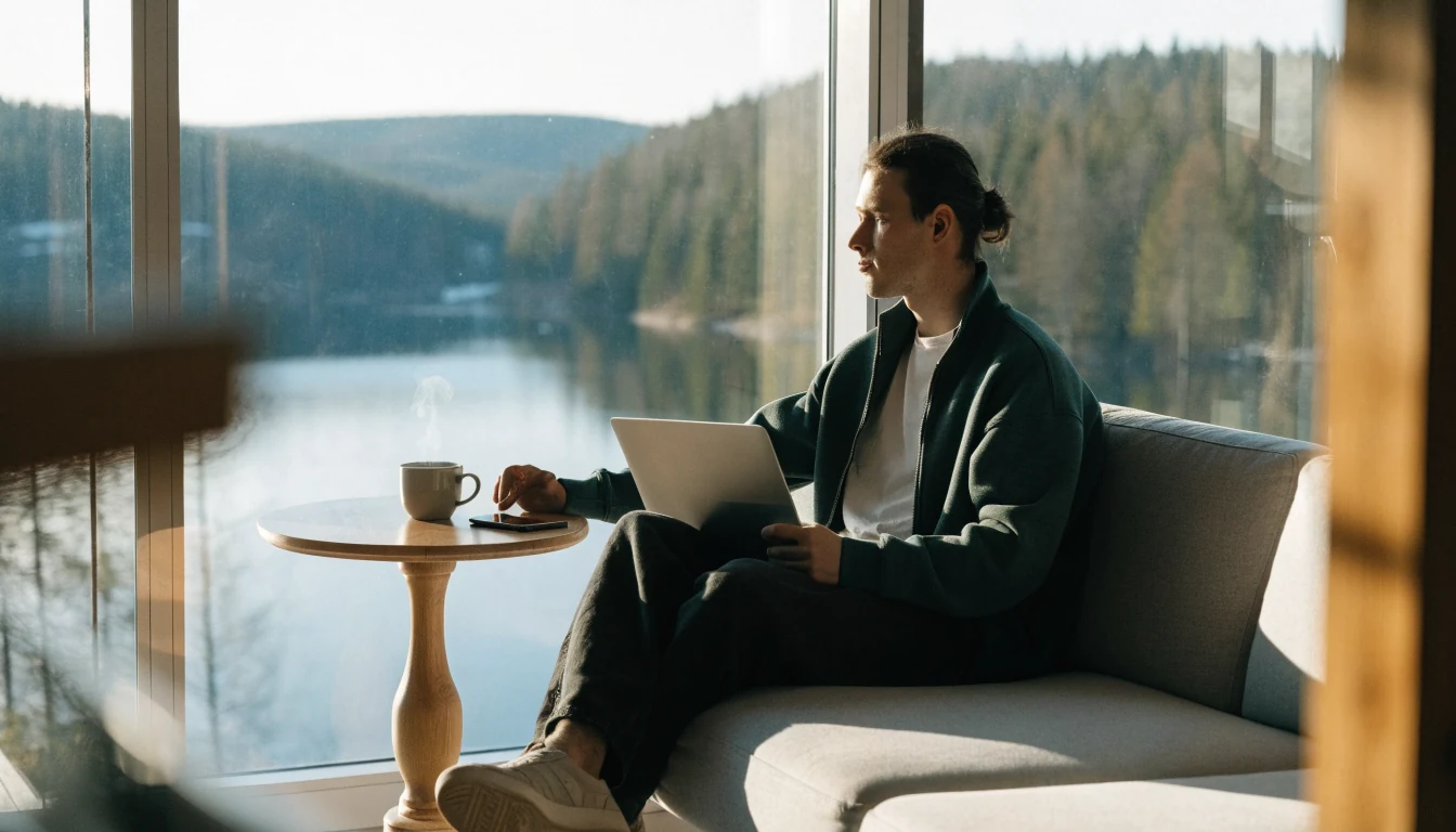 Suomalainen pelaaja rentoutuu sohvalla kannettavan tietokoneen ja kahvin kanssa