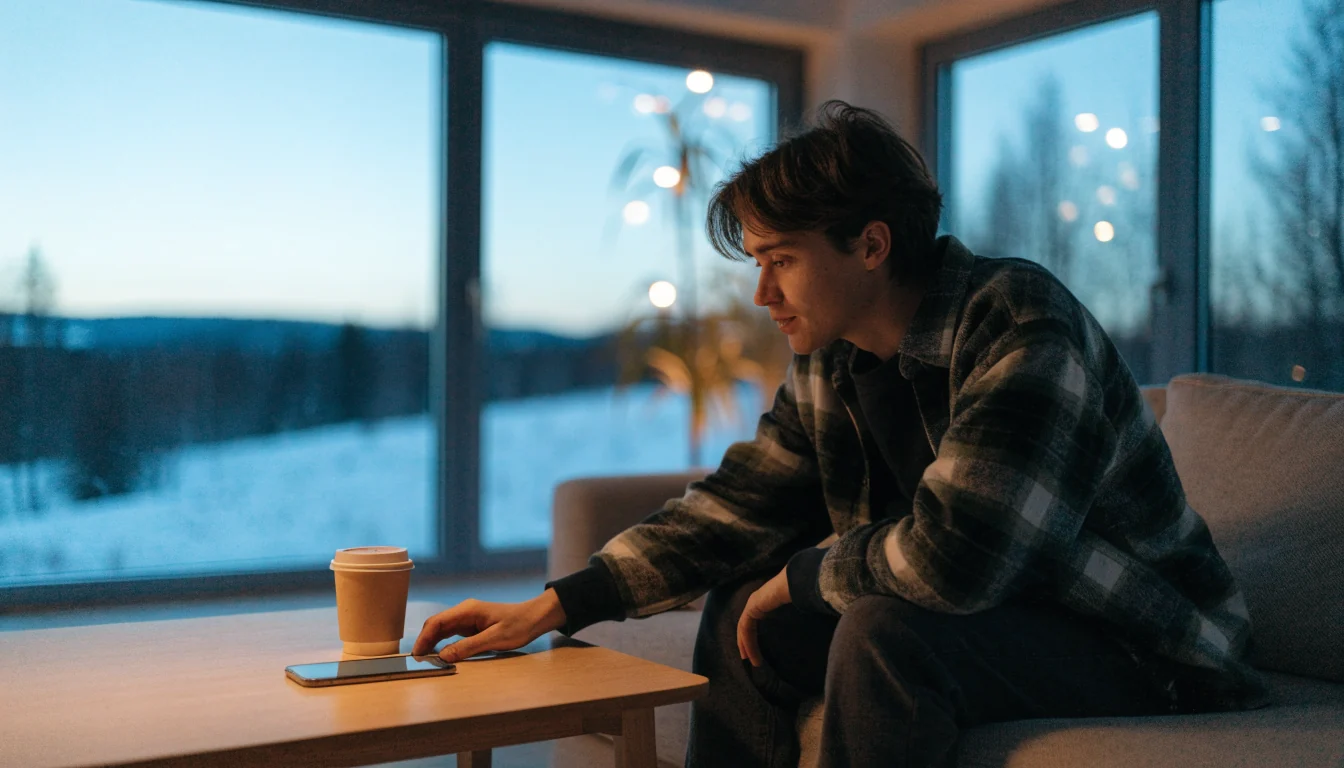 Suomalainen pelaaja älypuhelimen kanssa modernissa olohuoneessa