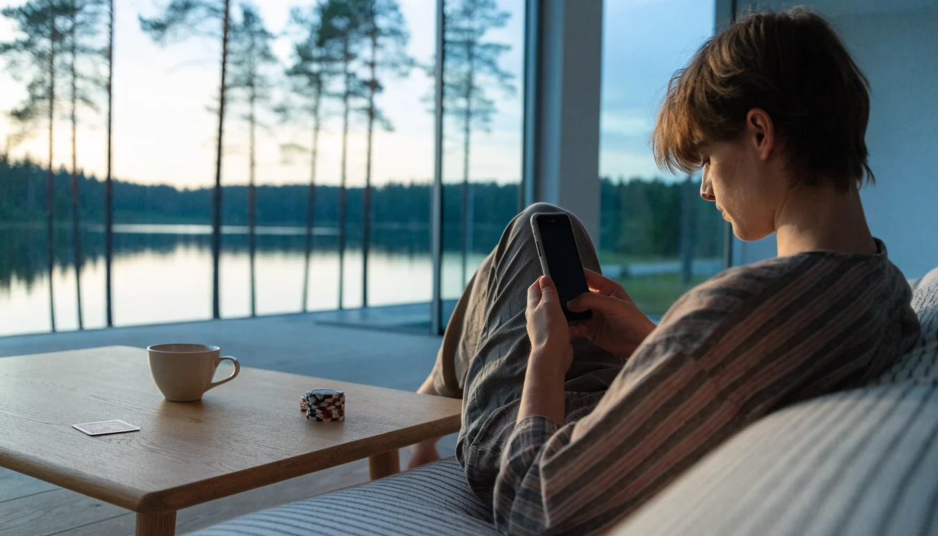 Suomalainen pelaaja pitelee älypuhelinta modernissa olohuoneessa kasinon pelimerkkien kanssa