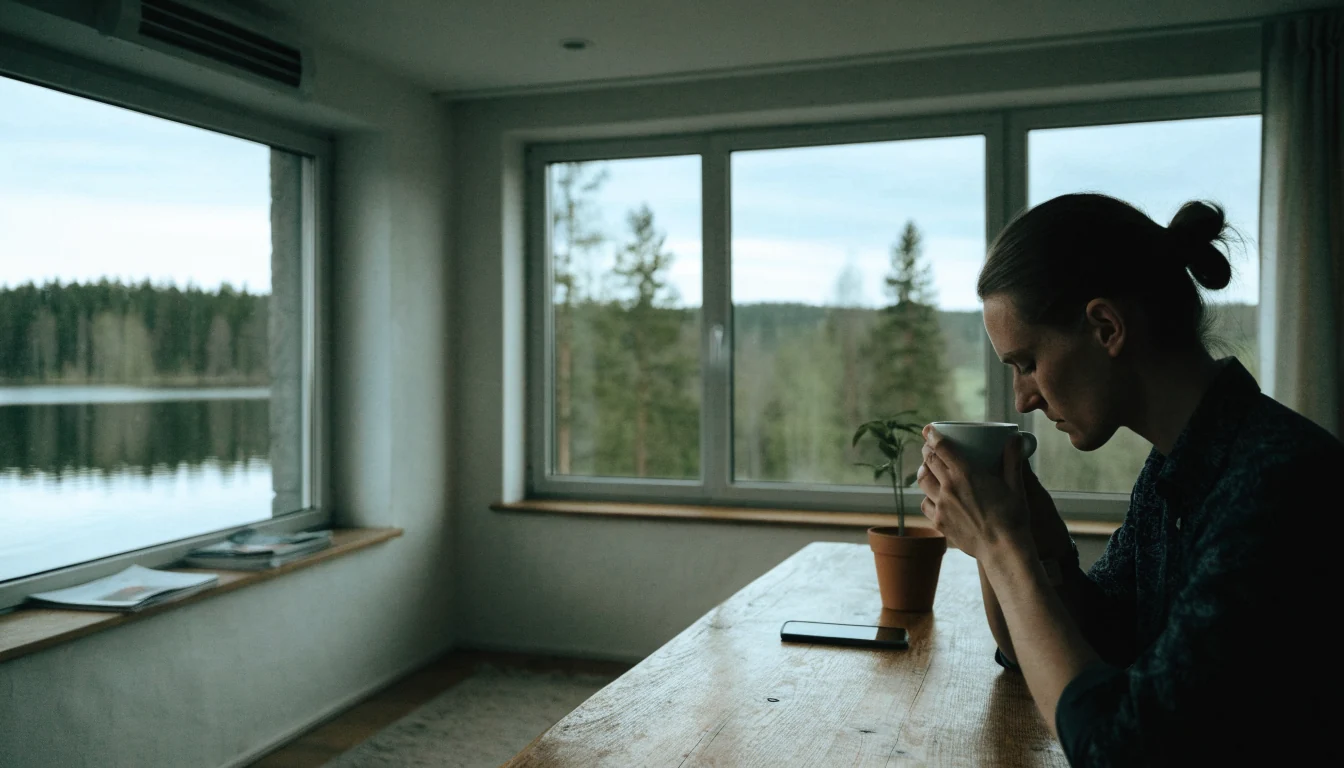 Henkilö istuu rauhallisessa sisustuksessa mietteliäänä kahvikupin ääressä